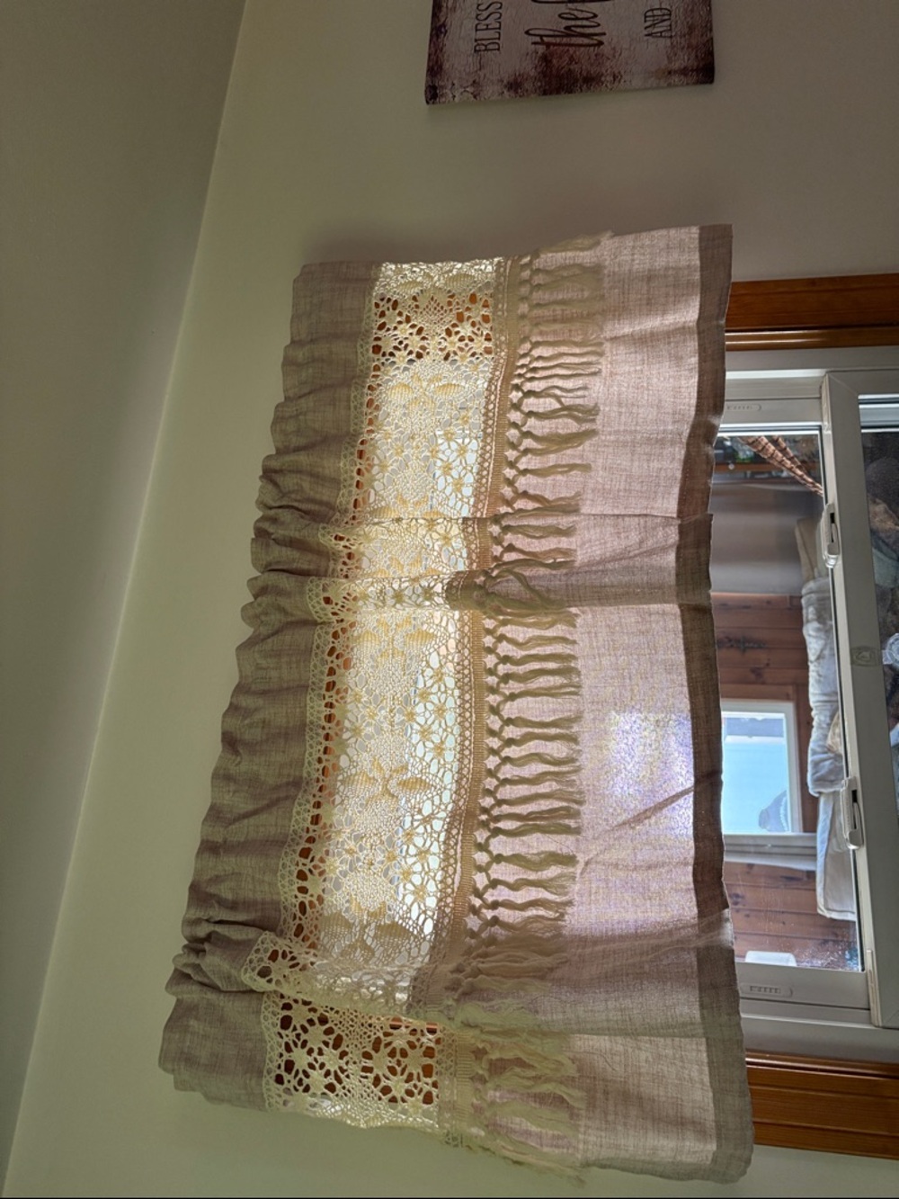 Boho Crochet Trim Cafe Curtain - Beige & Cream